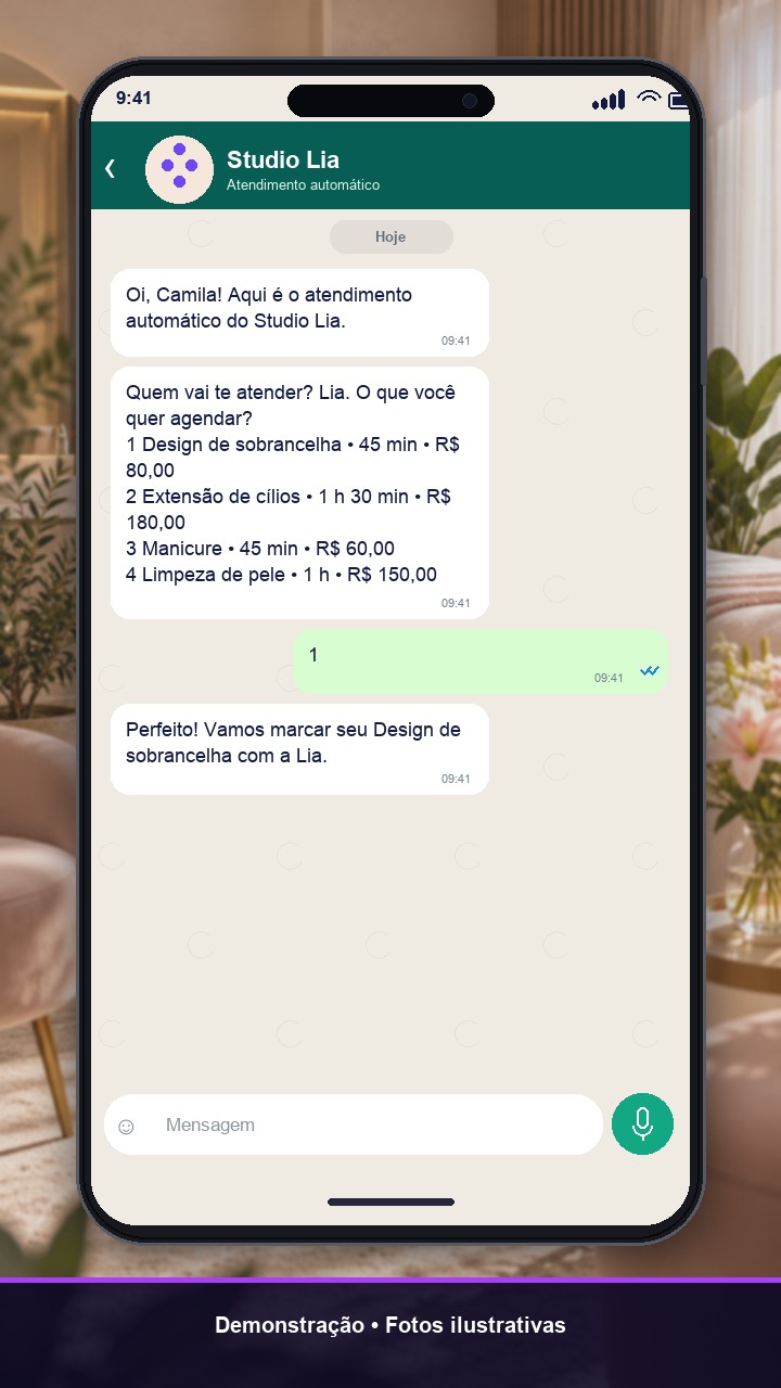 Conversa de demonstração no WhatsApp com o menu de serviços do Studio Lia.