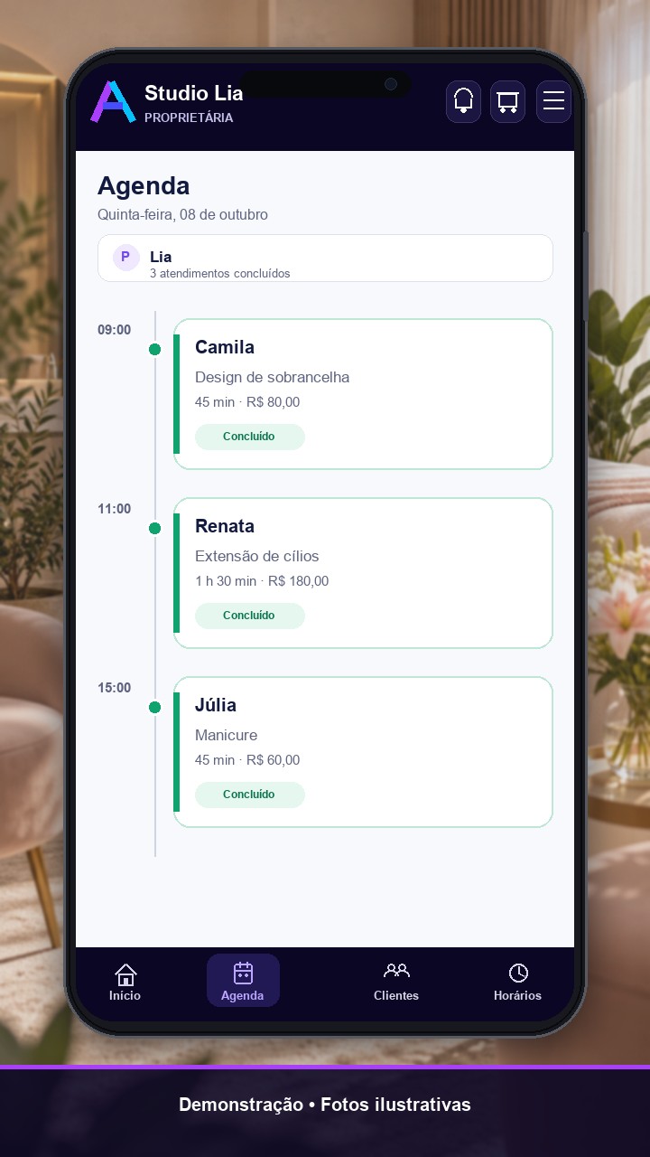 Agenda da Lia com design de sobrancelha, extensão de cílios e manicure ao longo do dia.