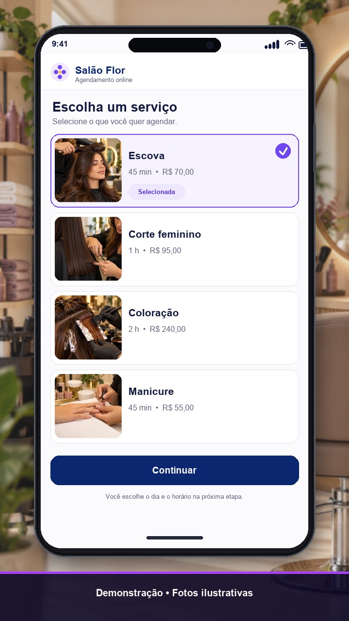 Celular com a escolha de serviços do Salão Flor. Escova está selecionada.