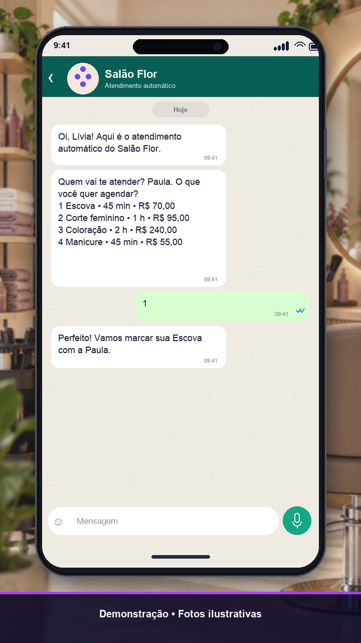 Conversa de demonstração no WhatsApp com o menu de serviços do Salão Flor.