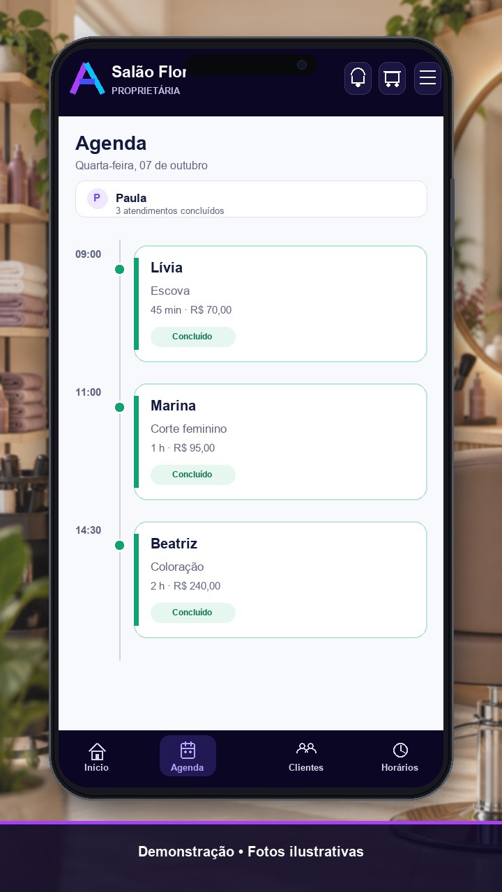 Agenda da Paula com atendimentos de escova, corte e coloração ao longo do dia.