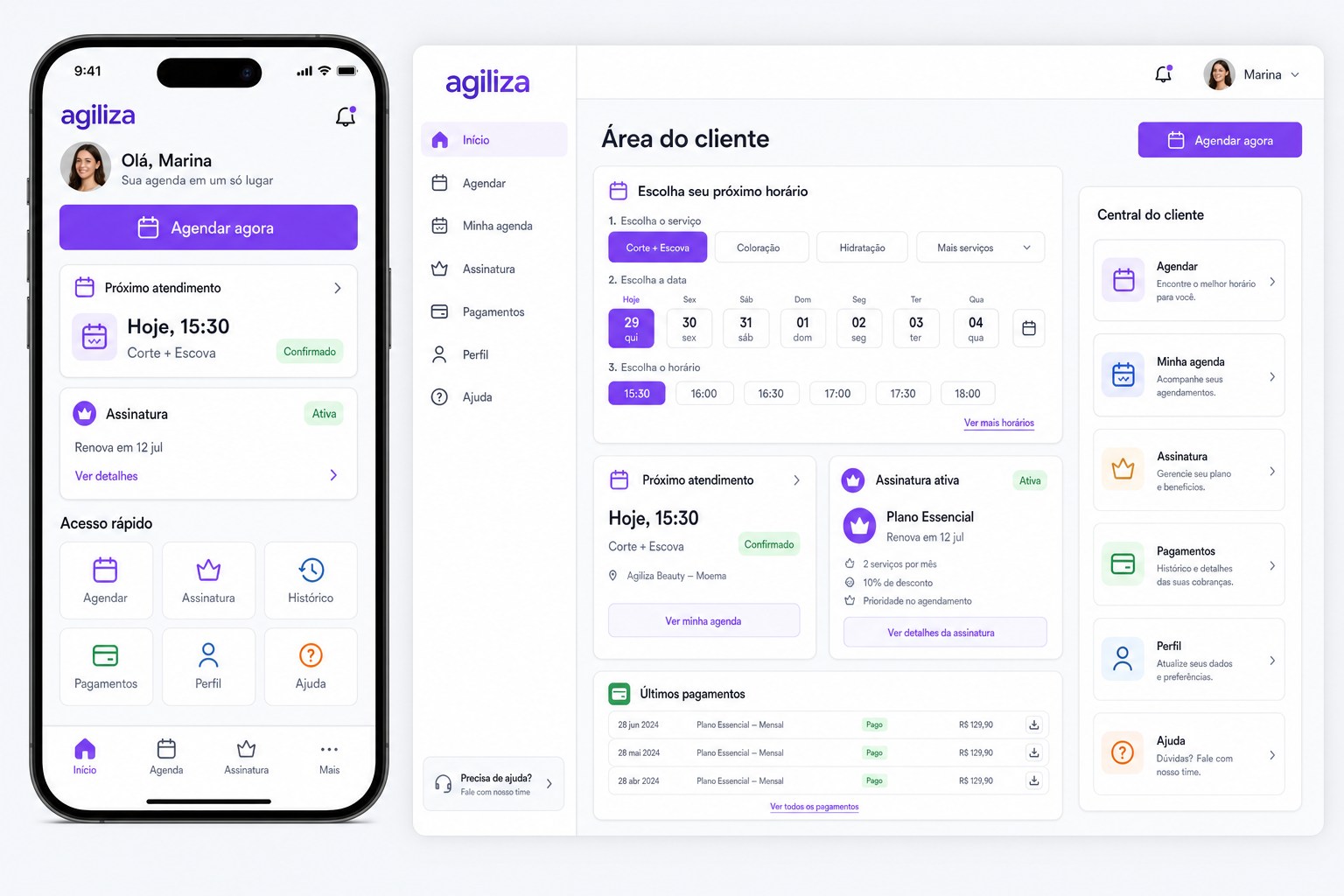 Área do cliente do Agiliza no celular e no desktop