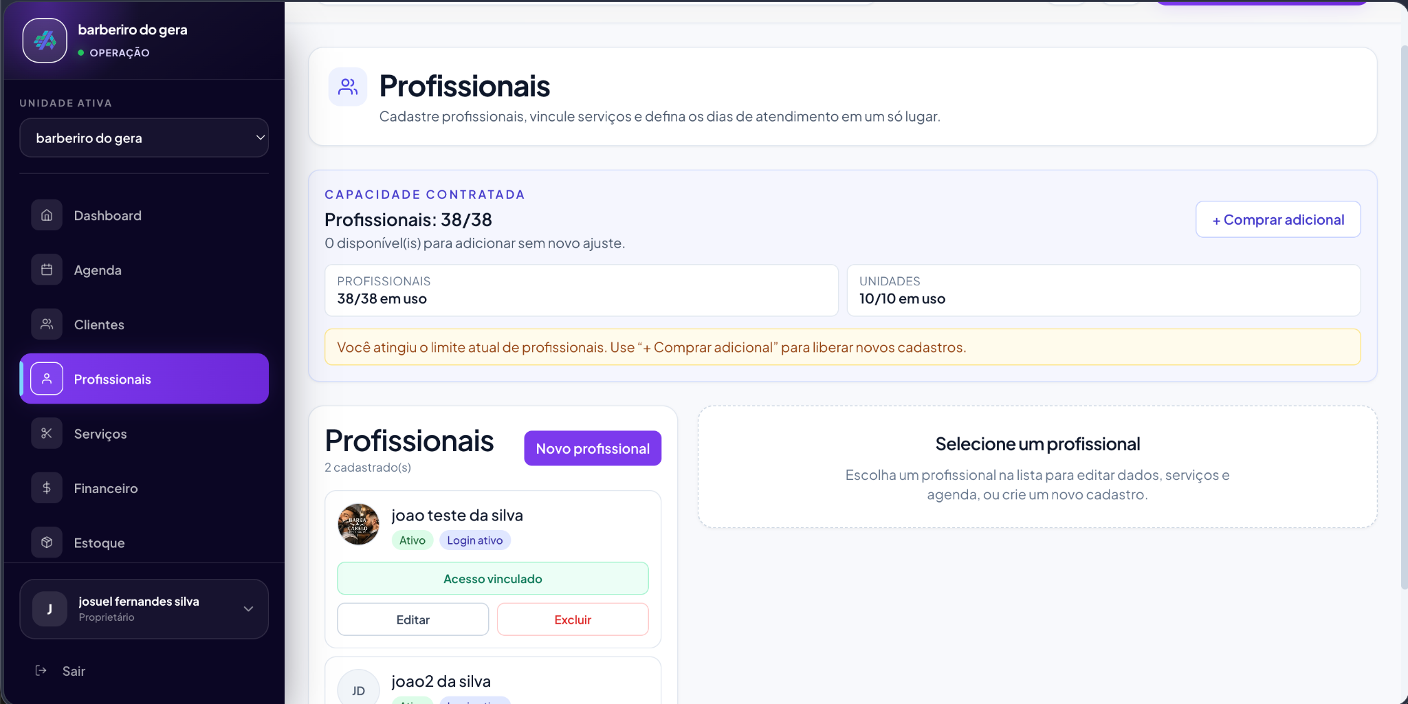 Tela de profissionais do Agiliza